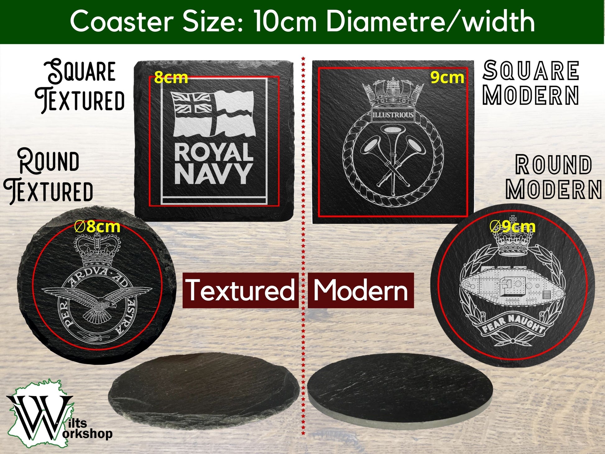 4 types of coaster available round or square with either a textured or modern finish. All are 10 cm diameter/square, but the available design space for textured finish is 8cm and 9cm for modern